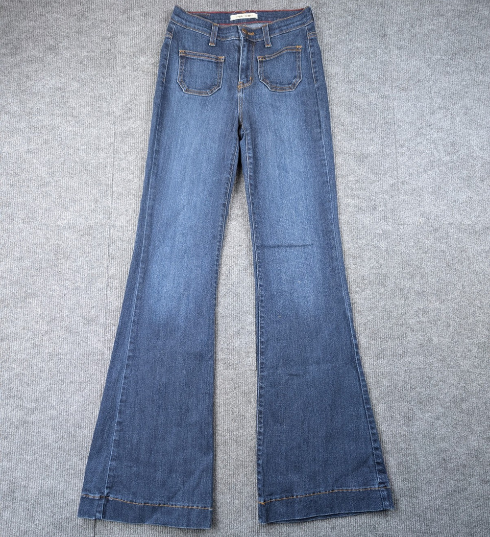 Angry Rabbit Flare Jeans Womens 25 Stretch Retro 70s Front Pocket Denim Blue